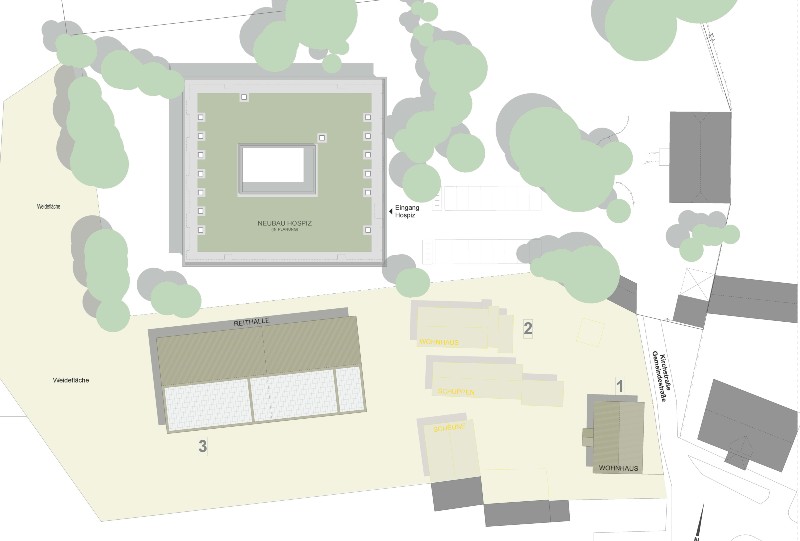 Die Stiftung baut auf den Grundstücken Kirchstraße 11 (das obere mit dem quadratischen Hospiz-Neubau) und Kirchstraße 12. Wohnhaus (1) und Reithalle (3) bleiben erhalten, die übrigen Gebäude (2) werden noch untersucht.